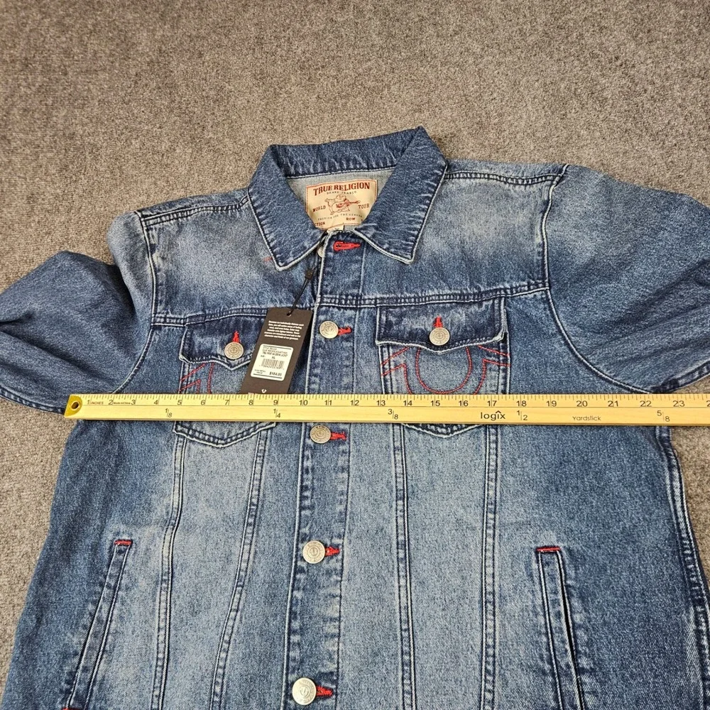 True Religion Mens Denim Jacket Medium Blue Quartz Wash Buddha Print 701133 XL